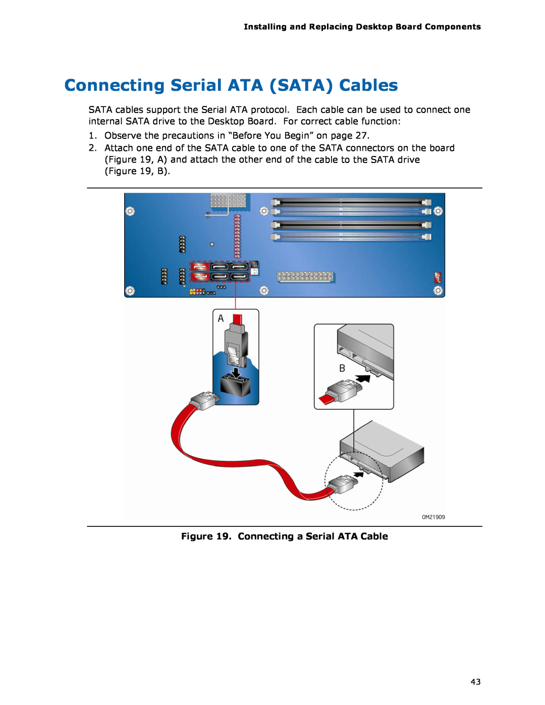 Intel BLKDH57JG manual Connecting Serial ATA SATA Cables, Connecting a Serial ATA Cable 