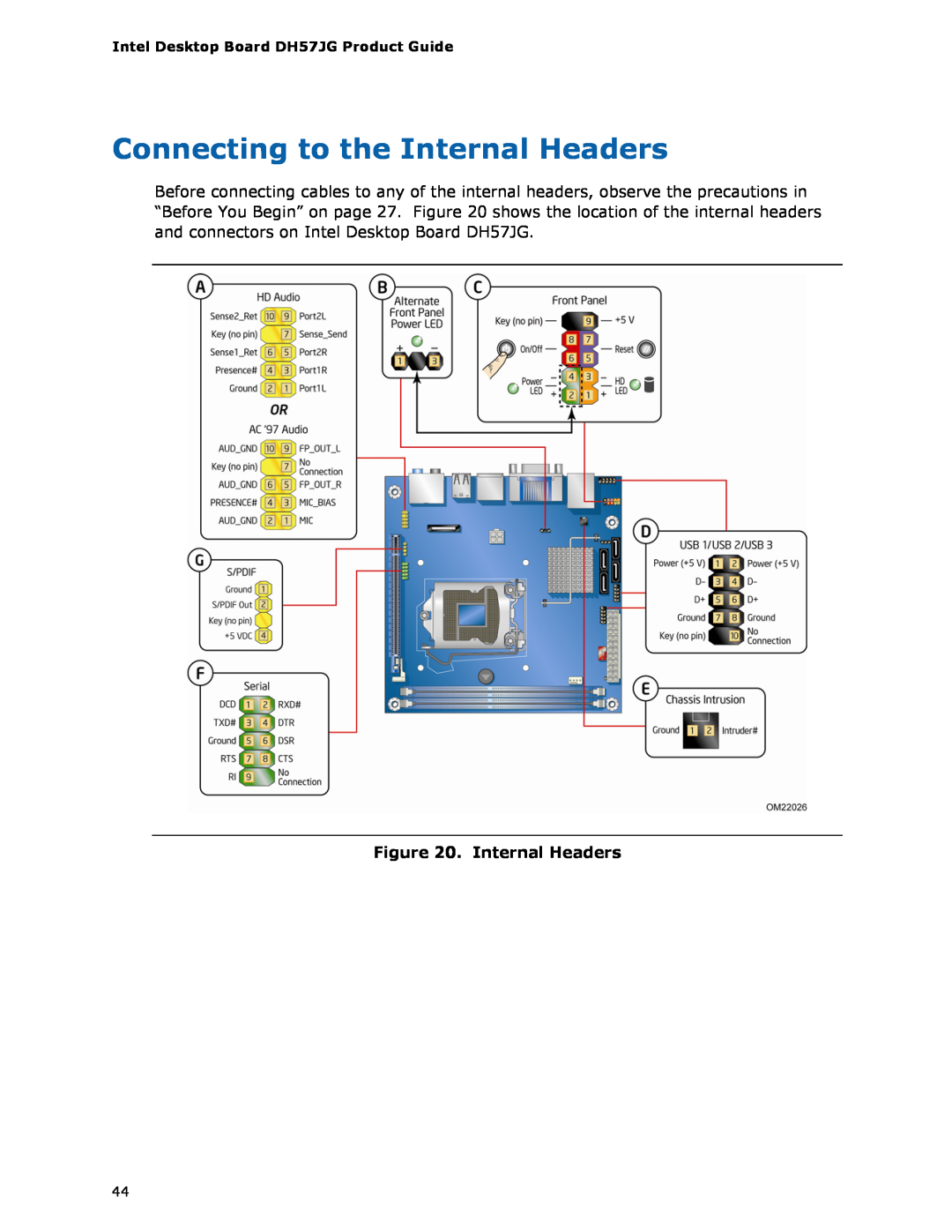 Intel BLKDH57JG manual Connecting to the Internal Headers, Intel Desktop Board DH57JG Product Guide 