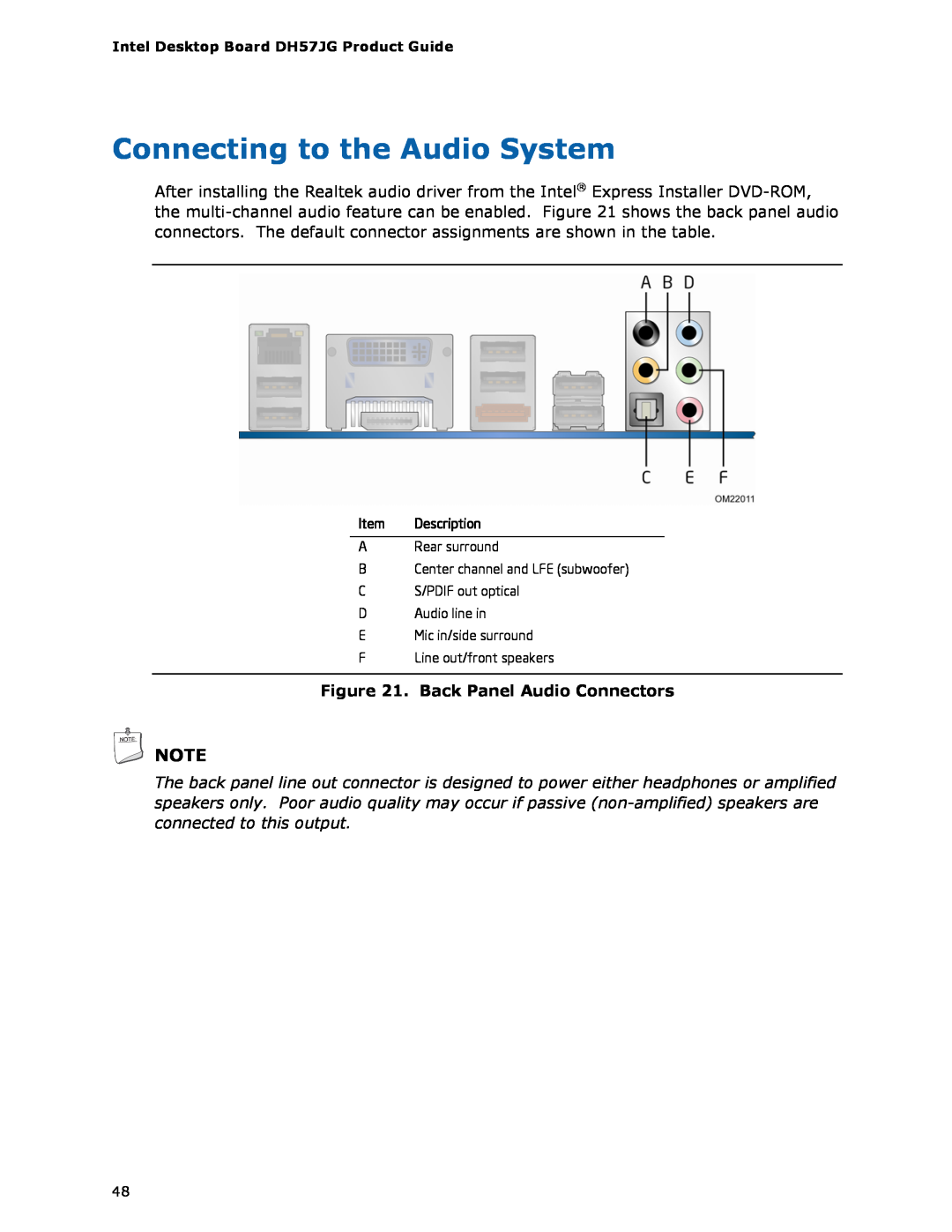 Intel BLKDH57JG manual Connecting to the Audio System, Back Panel Audio Connectors 