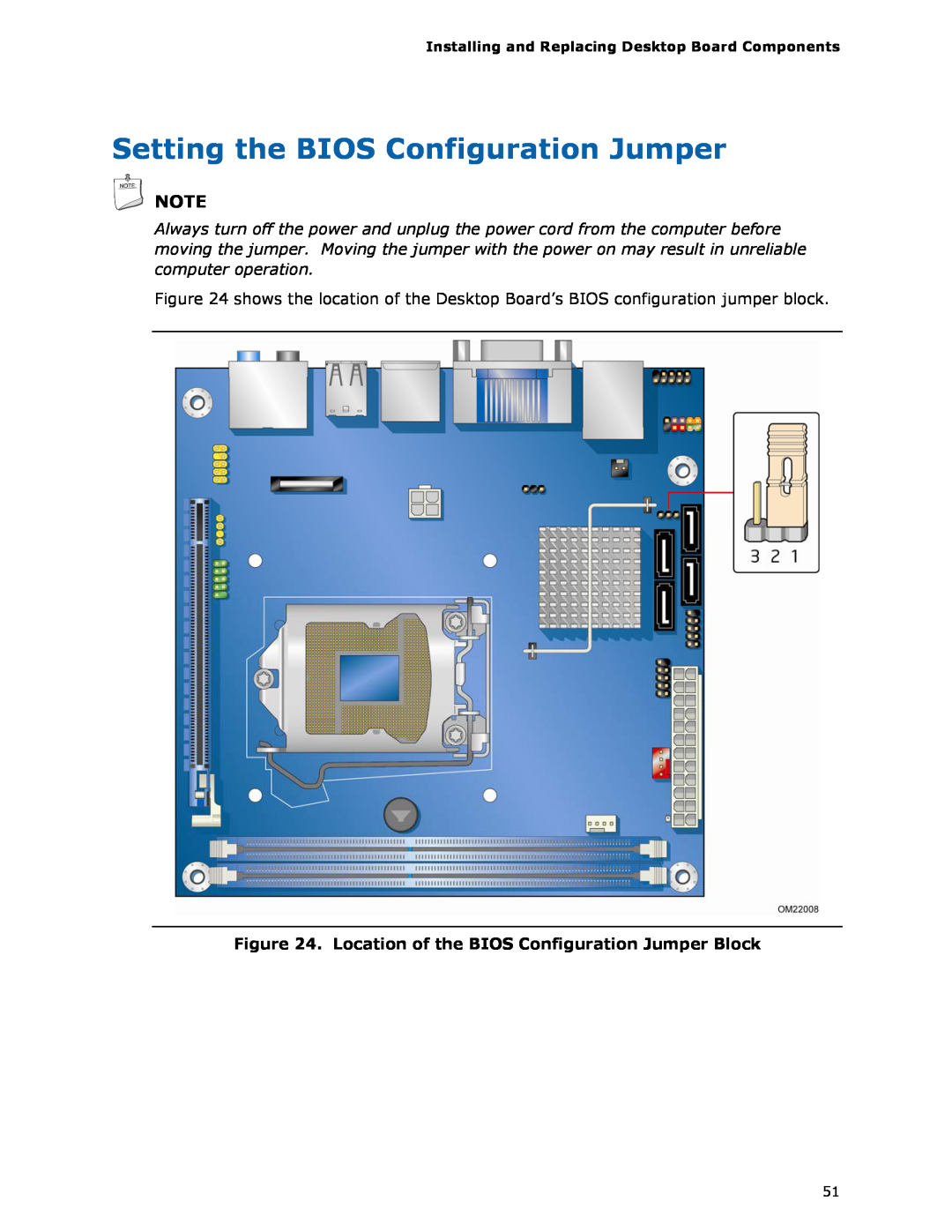 Intel BLKDH57JG manual Setting the BIOS Configuration Jumper, Location of the BIOS Configuration Jumper Block 