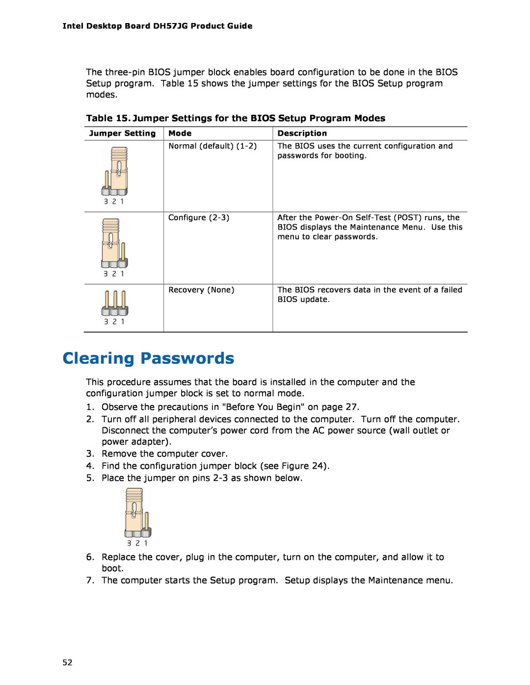 Intel BLKDH57JG manual Clearing Passwords, Jumper Settings for the BIOS Setup Program Modes 