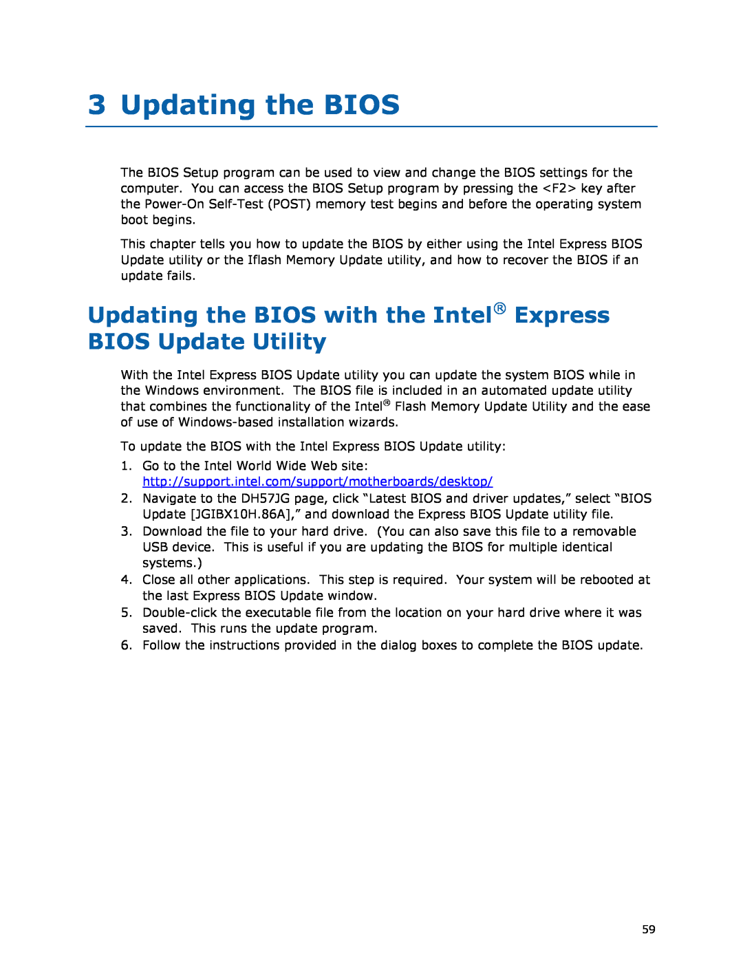 Intel BLKDH57JG manual Updating the BIOS with the Intel Express BIOS Update Utility 