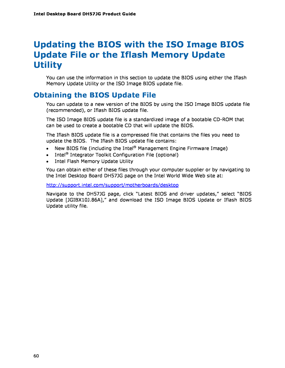 Intel BLKDH57JG manual Obtaining the BIOS Update File, http//support.intel.com/support/motherboards/desktop 