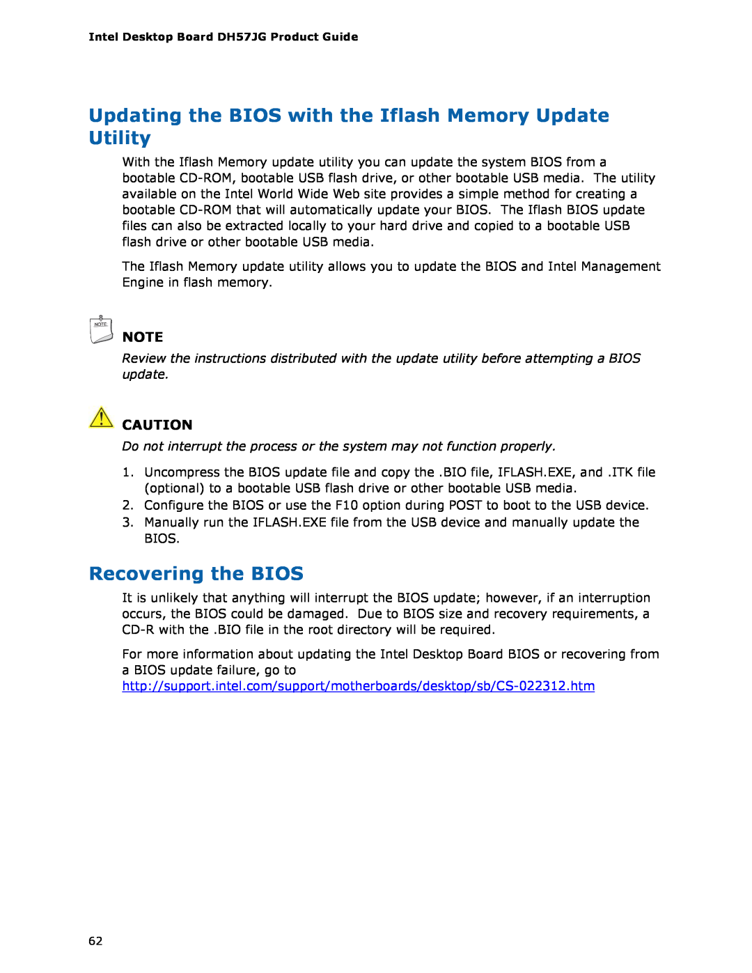 Intel BLKDH57JG manual Updating the BIOS with the Iflash Memory Update Utility, Recovering the BIOS 