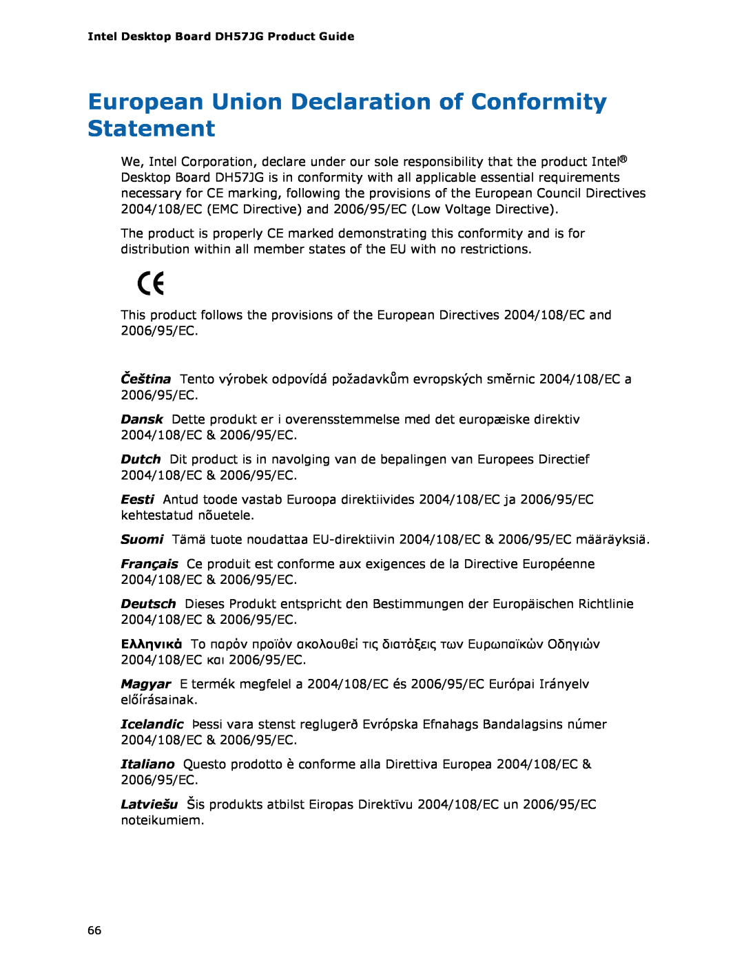 Intel BLKDH57JG manual European Union Declaration of Conformity Statement 