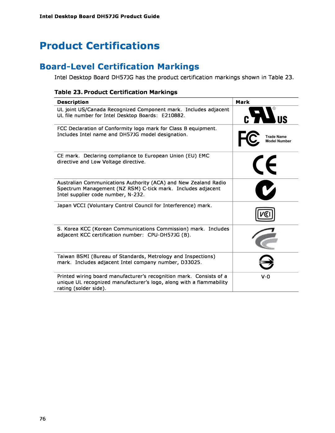 Intel BLKDH57JG Product Certifications, Board-Level Certification Markings, Product Certification Markings, Description 