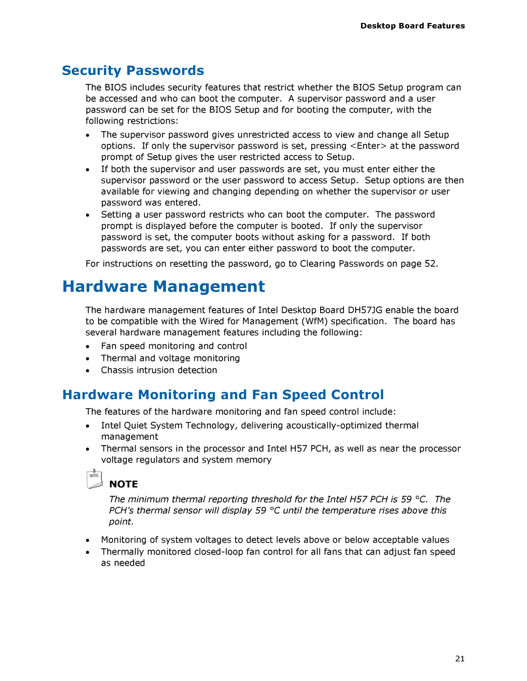 Intel BLKDH57JG manual Hardware Management, Security Passwords, Hardware Monitoring and Fan Speed Control 