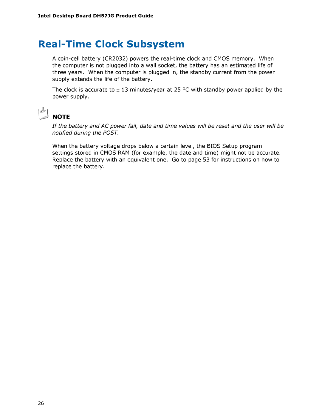 Intel BLKDH57JG manual Real-Time Clock Subsystem 