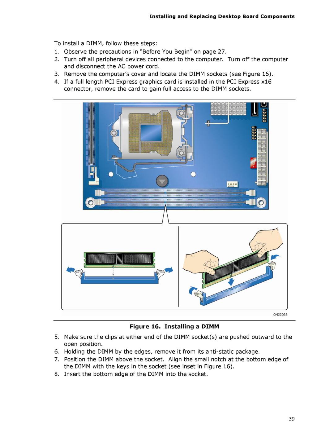 Intel BLKDH57JG manual Installing a Dimm 