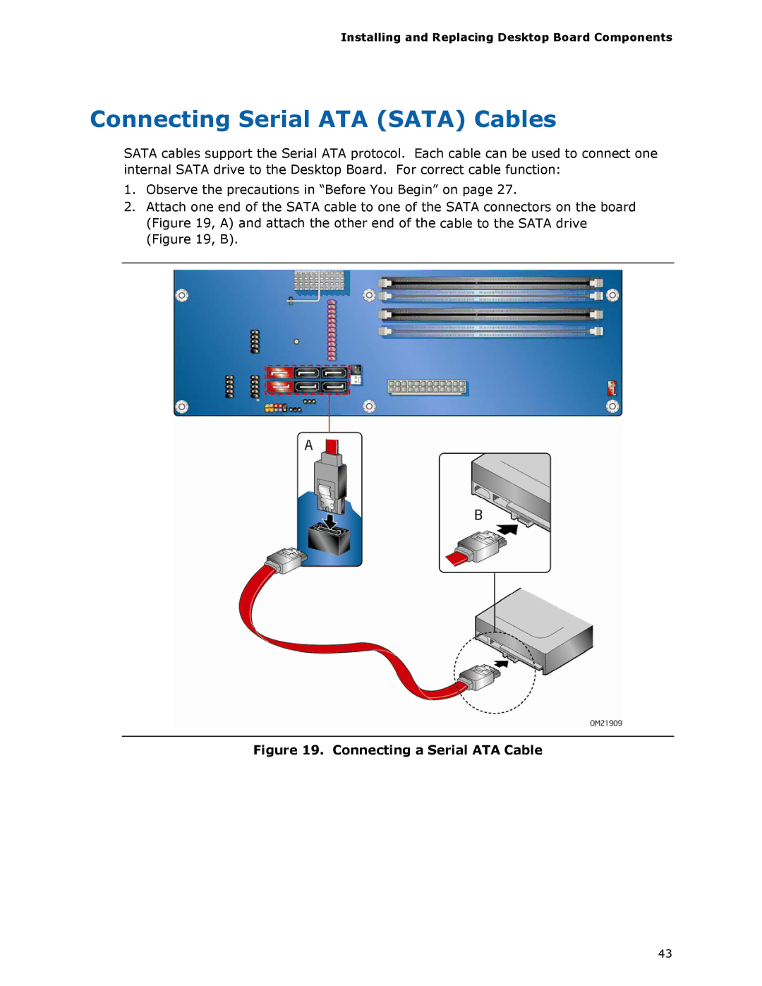 Intel BLKDH57JG manual Connecting Serial ATA Sata Cables, Connecting a Serial ATA Cable 