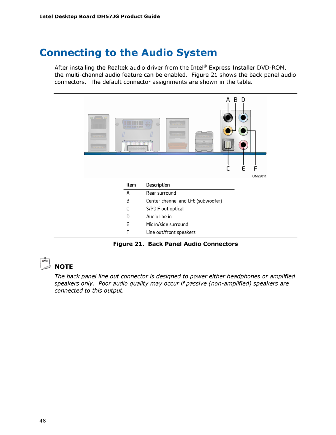 Intel BLKDH57JG manual Connecting to the Audio System, Back Panel Audio Connectors 