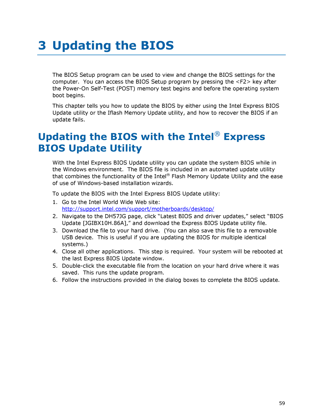 Intel BLKDH57JG manual Updating the Bios with the Intel Express Bios Update Utility 