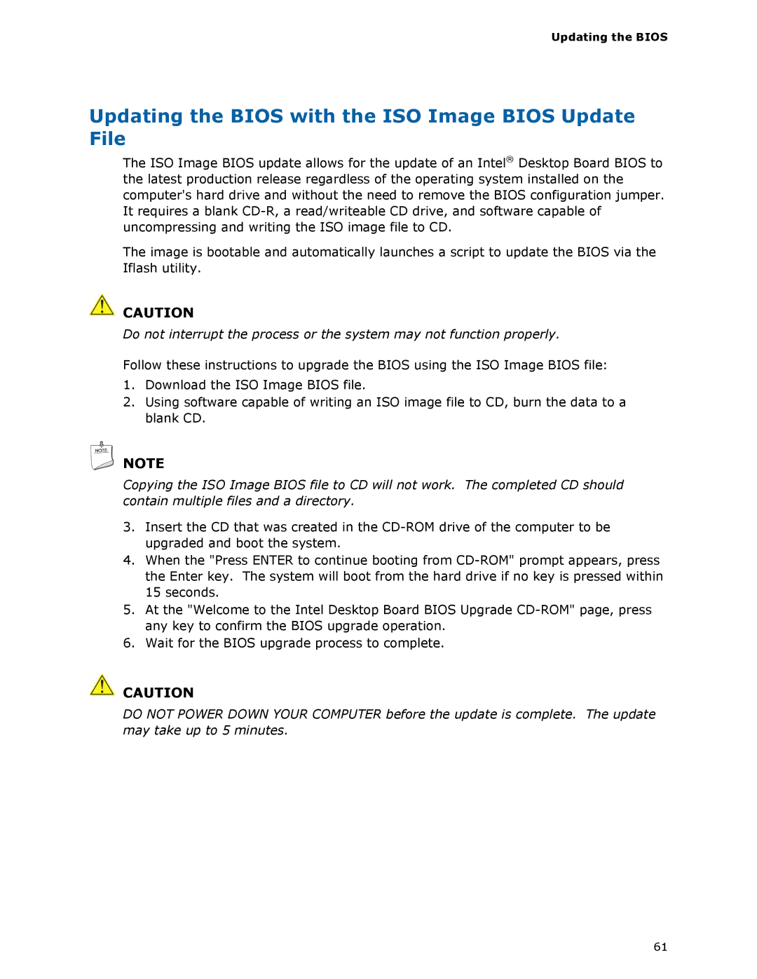 Intel BLKDH57JG manual Updating the Bios with the ISO Image Bios Update File 