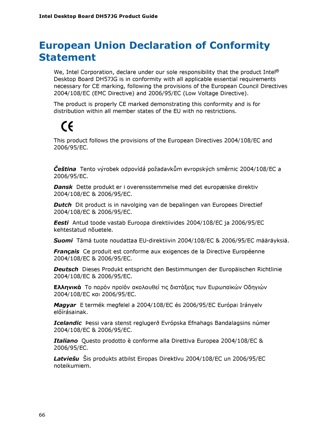 Intel BLKDH57JG manual European Union Declaration of Conformity Statement 