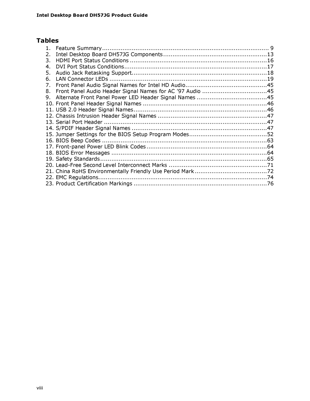 Intel BLKDH57JG manual Tables 