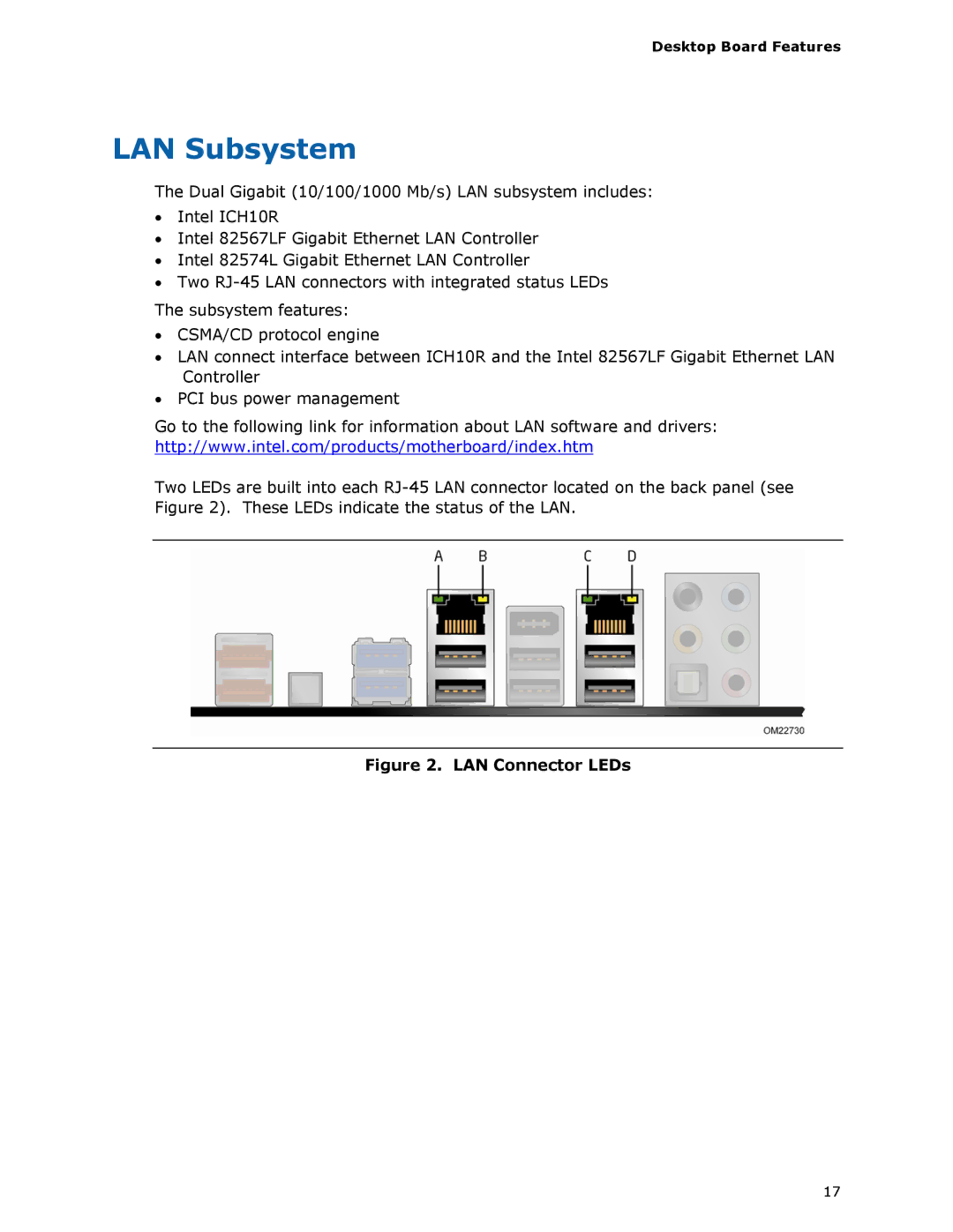 Intel BLKDX58SO2 manual LAN Subsystem, LAN Connector LEDs 