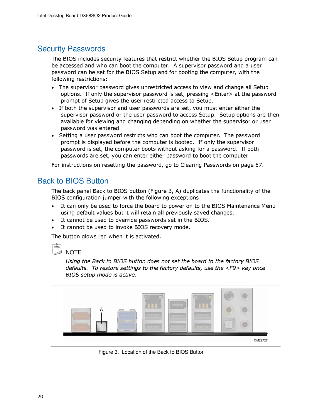 Intel BLKDX58SO2 manual Security Passwords, Back to Bios Button 