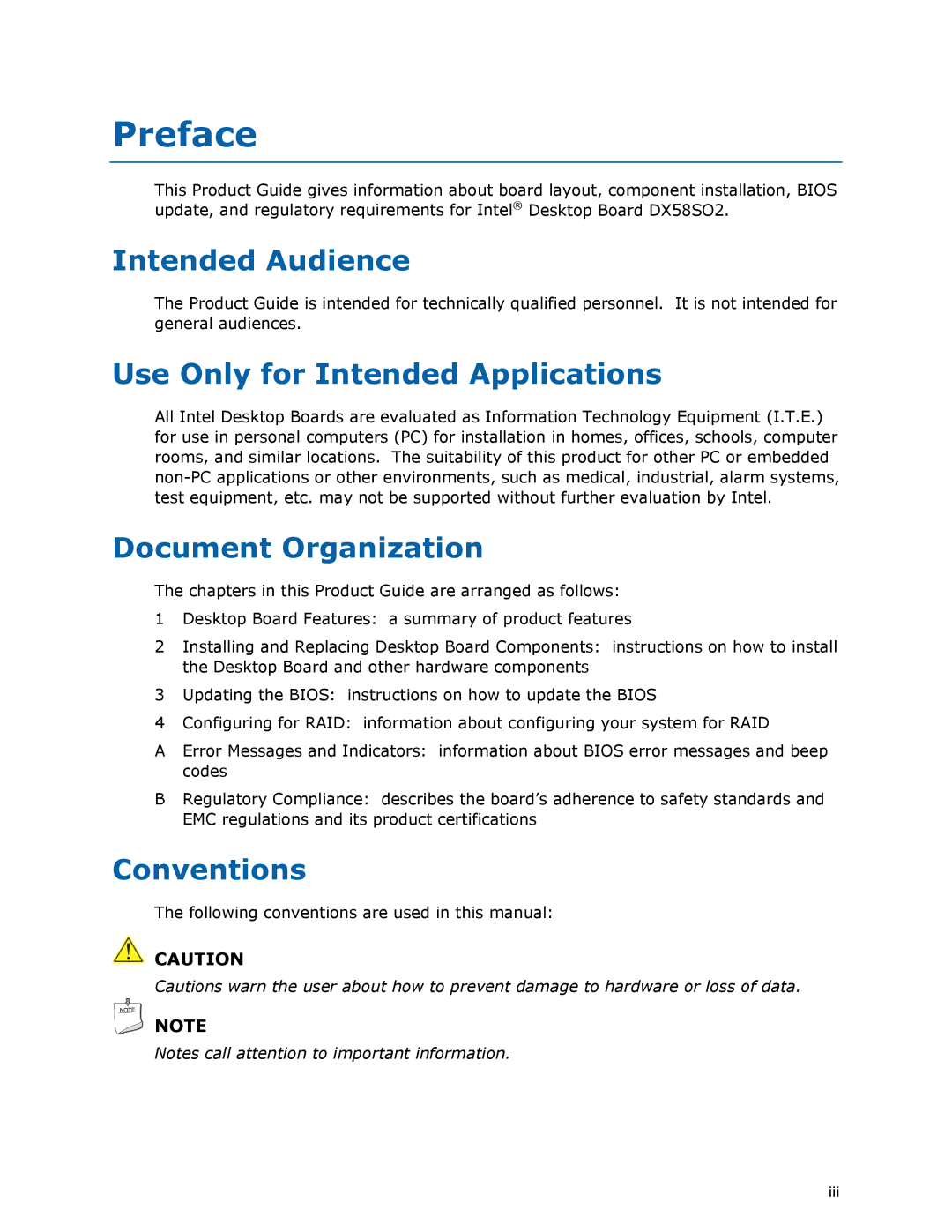 Intel BLKDX58SO2 manual Preface, Intended Audience, Use Only for Intended Applications, Document Organization, Conventions 