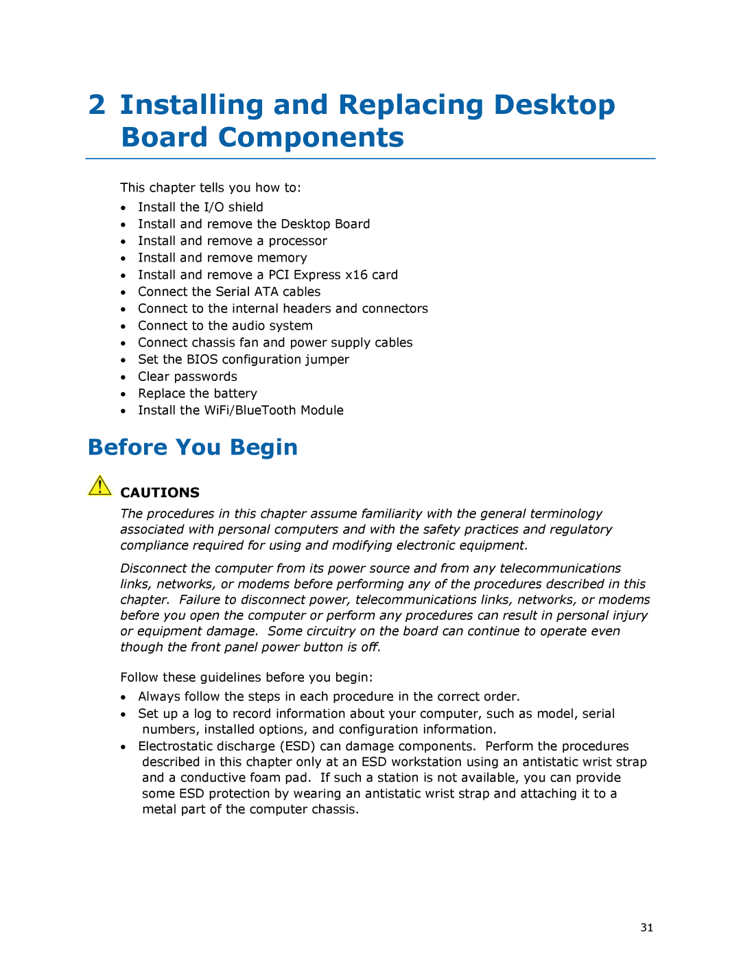 Intel BLKDX58SO2 manual Installing and Replacing Desktop Board Components, Before You Begin 