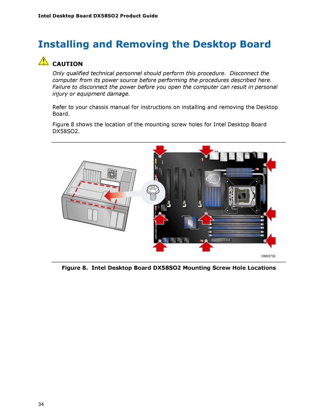 Intel BLKDX58SO2 Installing and Removing the Desktop Board, Intel Desktop Board DX58SO2 Mounting Screw Hole Locations 