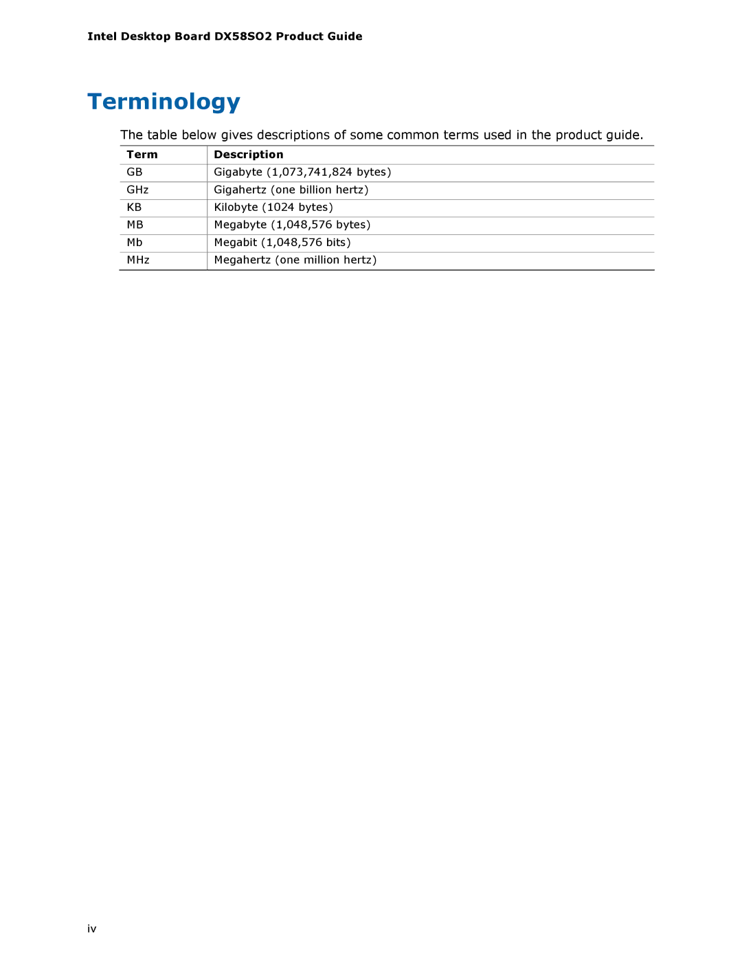 Intel BLKDX58SO2 manual Terminology, Intel Desktop Board DX58SO2 Product Guide, Term Description 