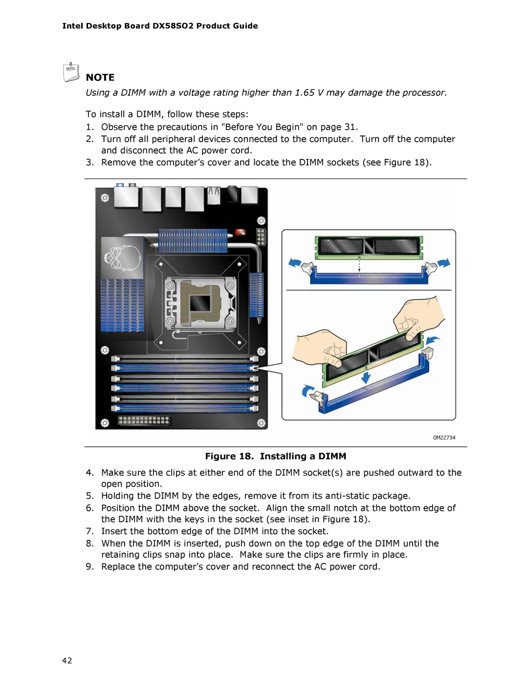 Intel BLKDX58SO2 manual Installing a Dimm 