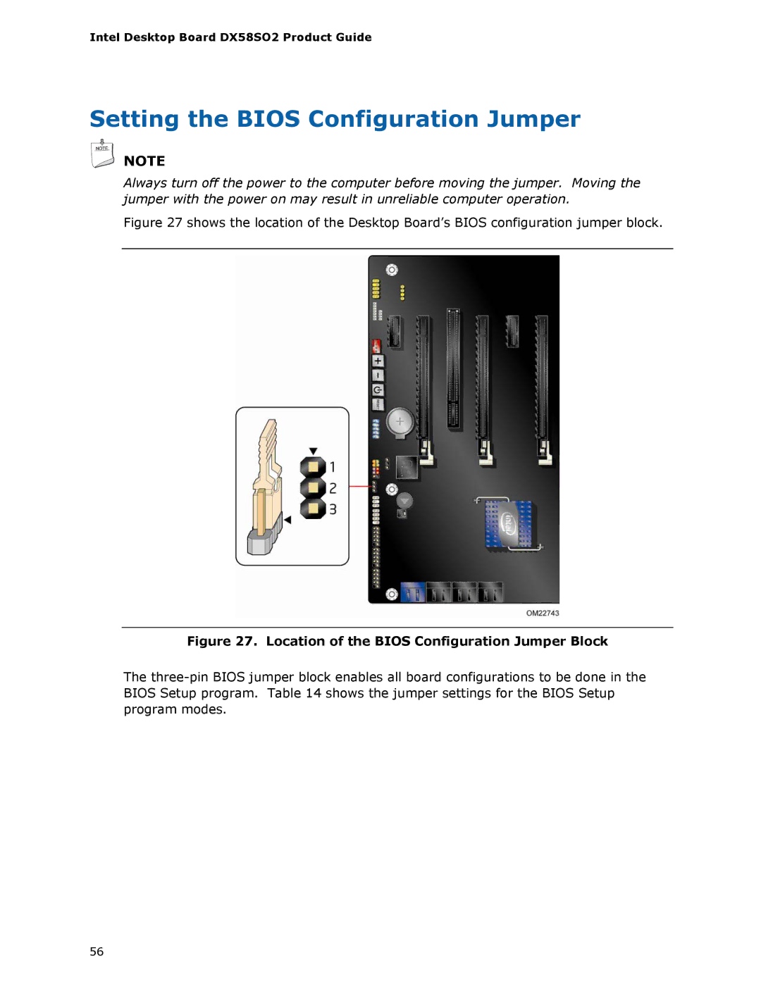 Intel BLKDX58SO2 manual Setting the Bios Configuration Jumper, Location of the Bios Configuration Jumper Block 