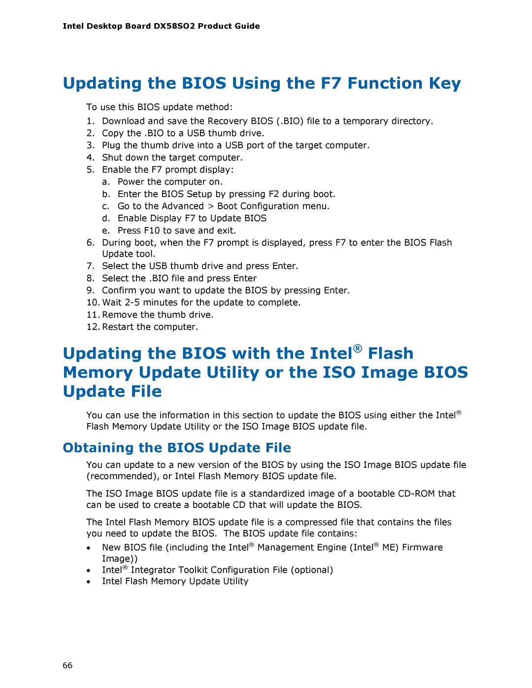 Intel BLKDX58SO2 manual Updating the Bios Using the F7 Function Key, Obtaining the Bios Update File 