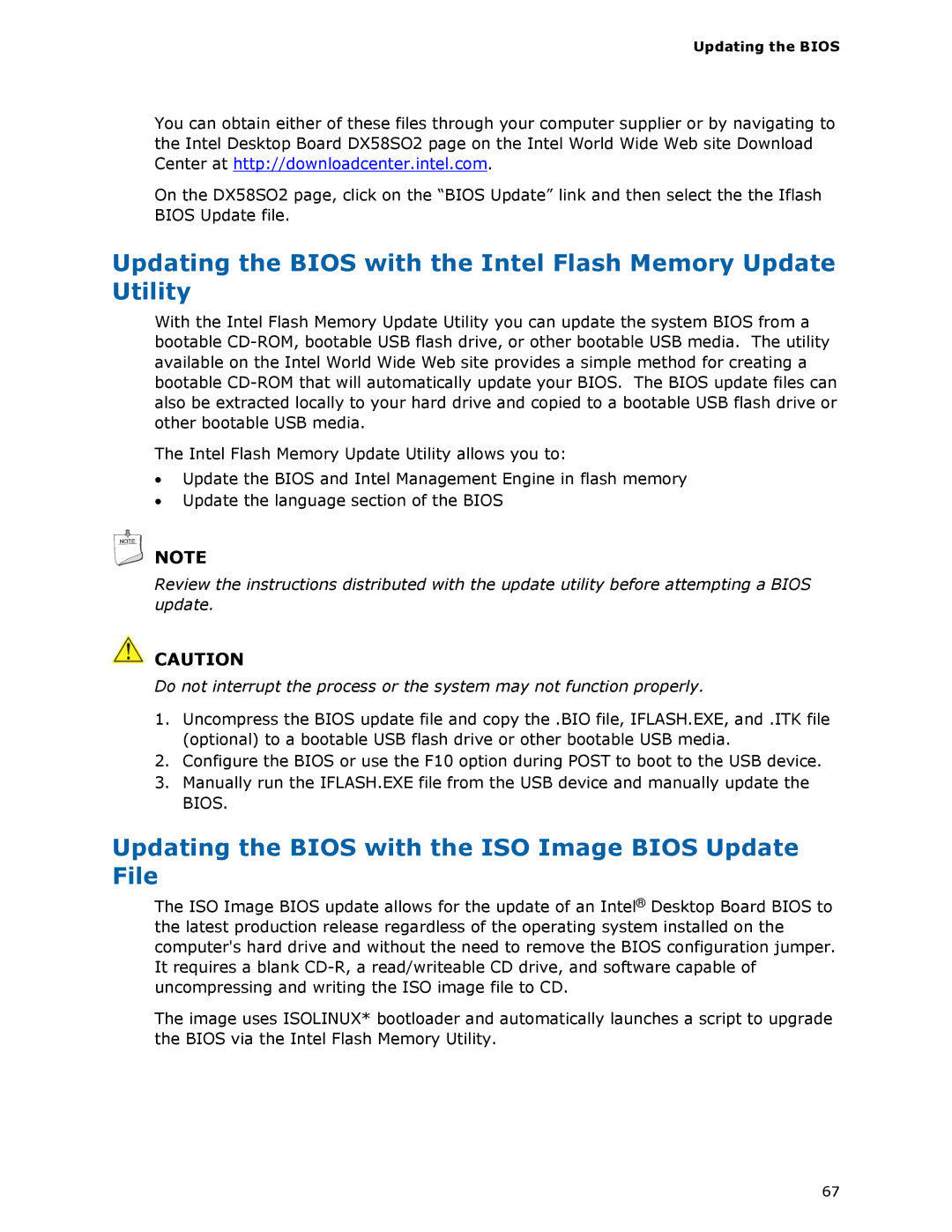 Intel BLKDX58SO2 manual Updating the Bios with the ISO Image Bios Update File 