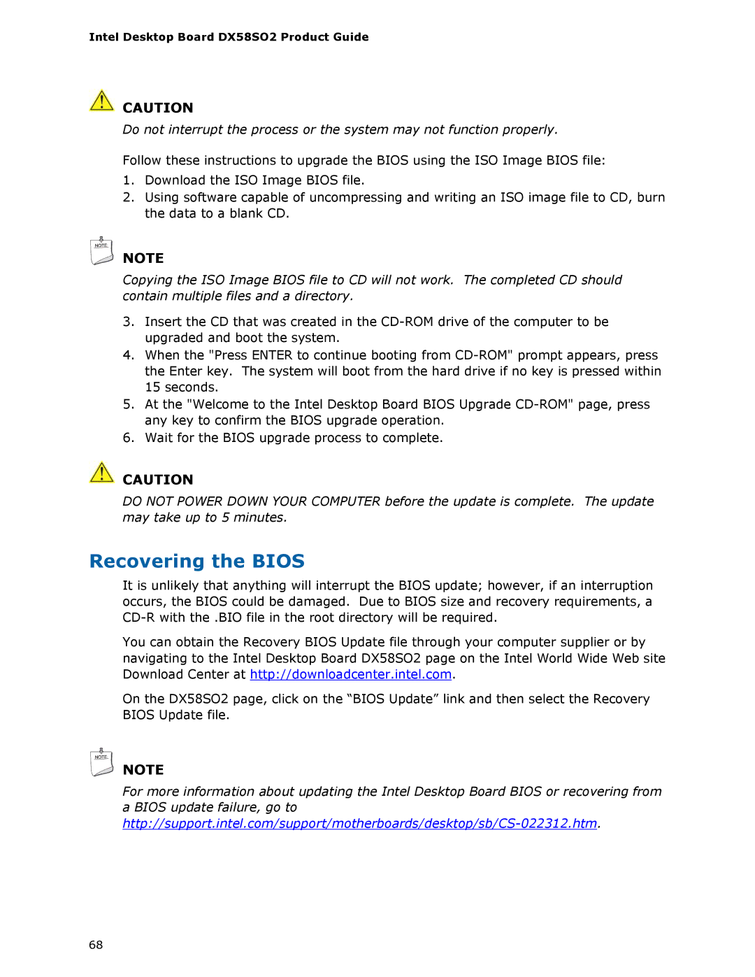 Intel BLKDX58SO2 manual Recovering the Bios 