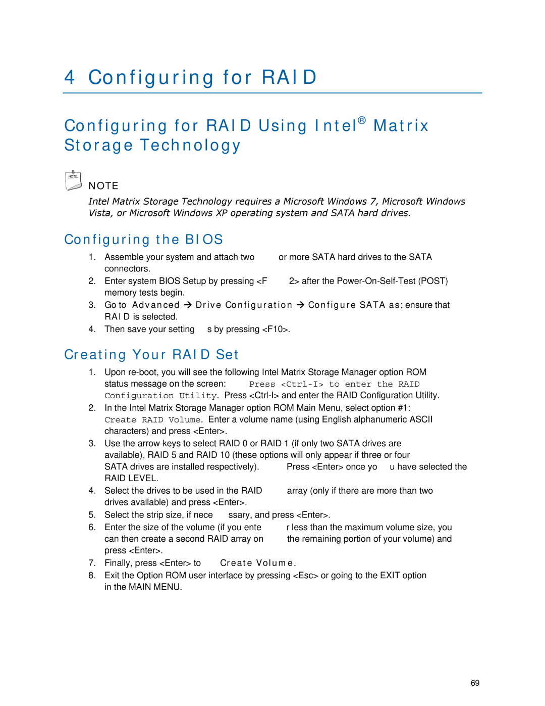 Intel BLKDX58SO2 manual Configuring for RAID Using Intel Matrix Storage Technology, Configuring the Bios 