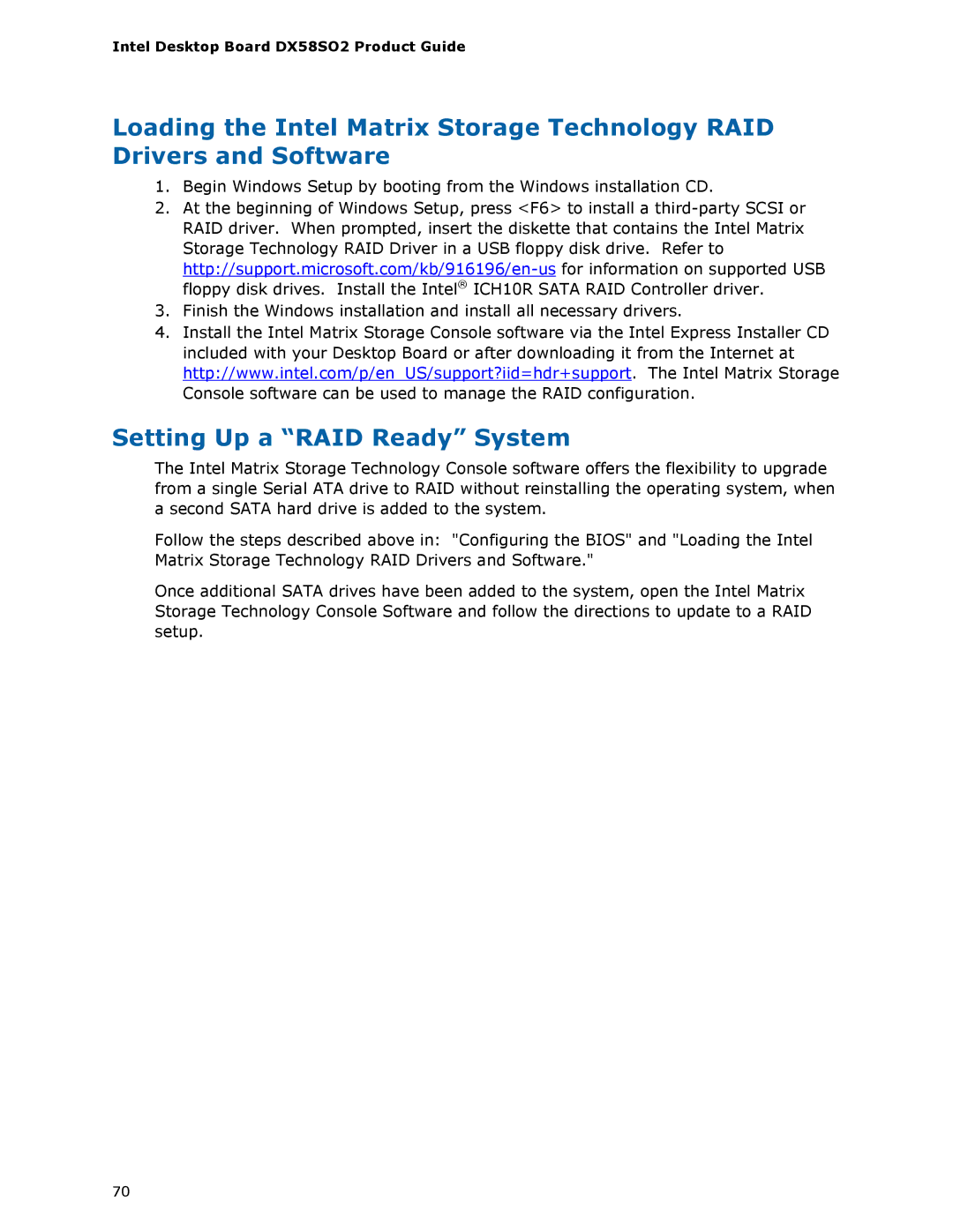 Intel BLKDX58SO2 manual Setting Up a RAID Ready System 