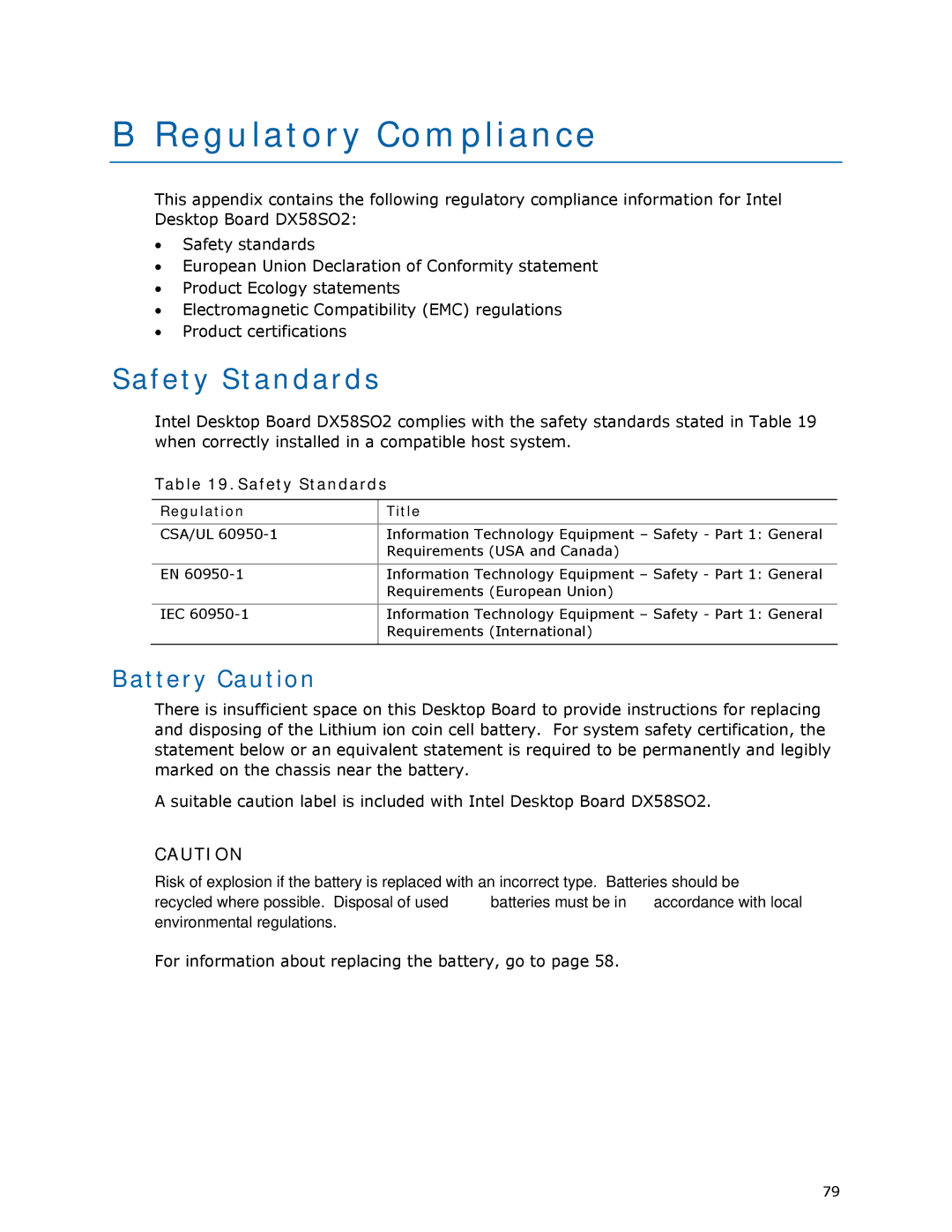 Intel BLKDX58SO2 manual Regulatory Compliance, Safety Standards, Battery Caution, Regulation Title 