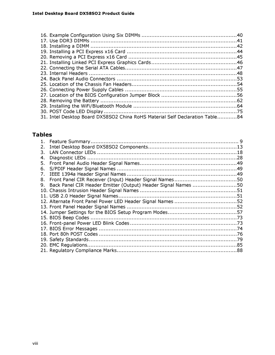 Intel BLKDX58SO2 manual Tables 