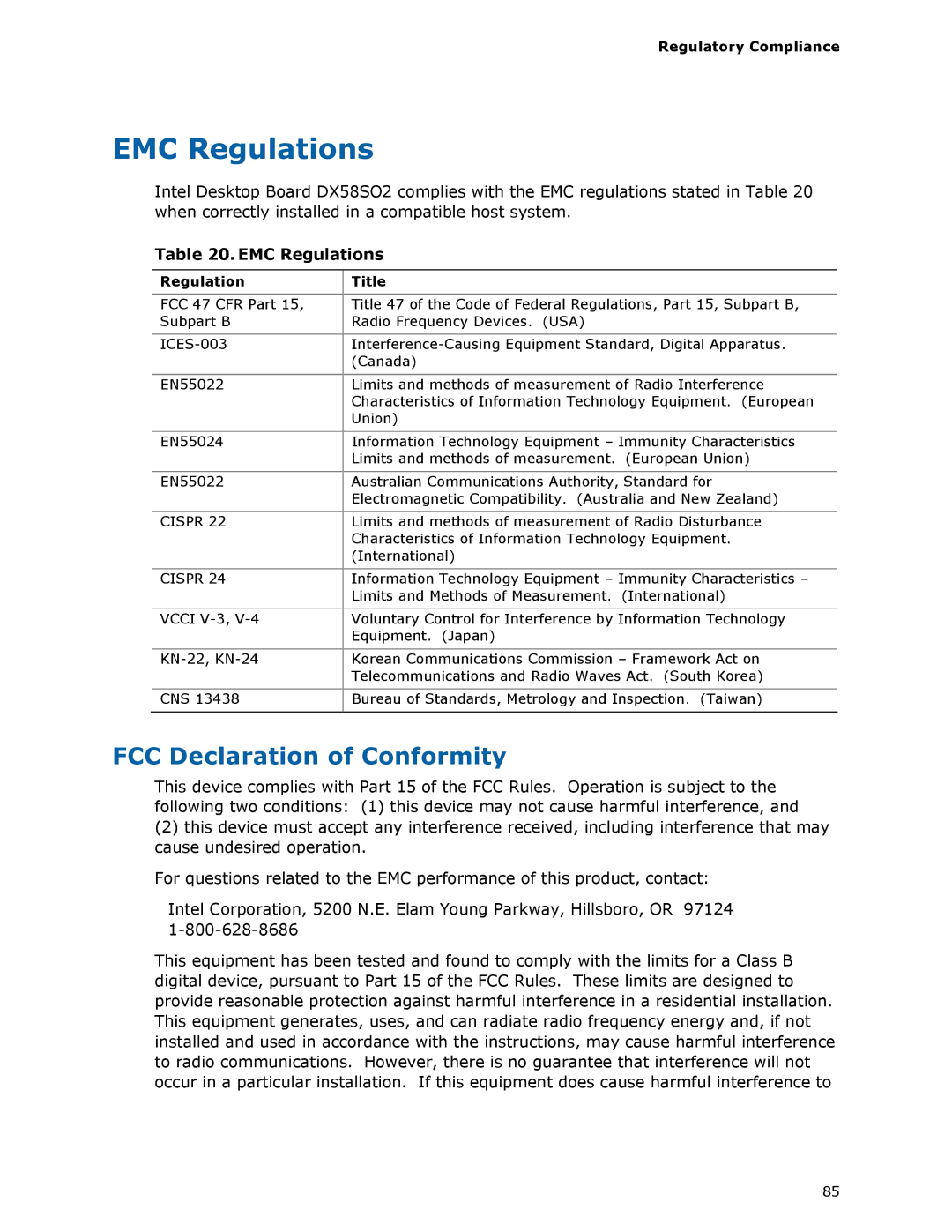 Intel BLKDX58SO2 manual EMC Regulations, FCC Declaration of Conformity 