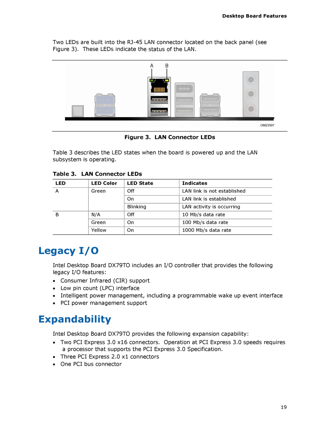 Intel BLKDX79TO manual Legacy I/O, Expandability, LED Color LED State Indicates 