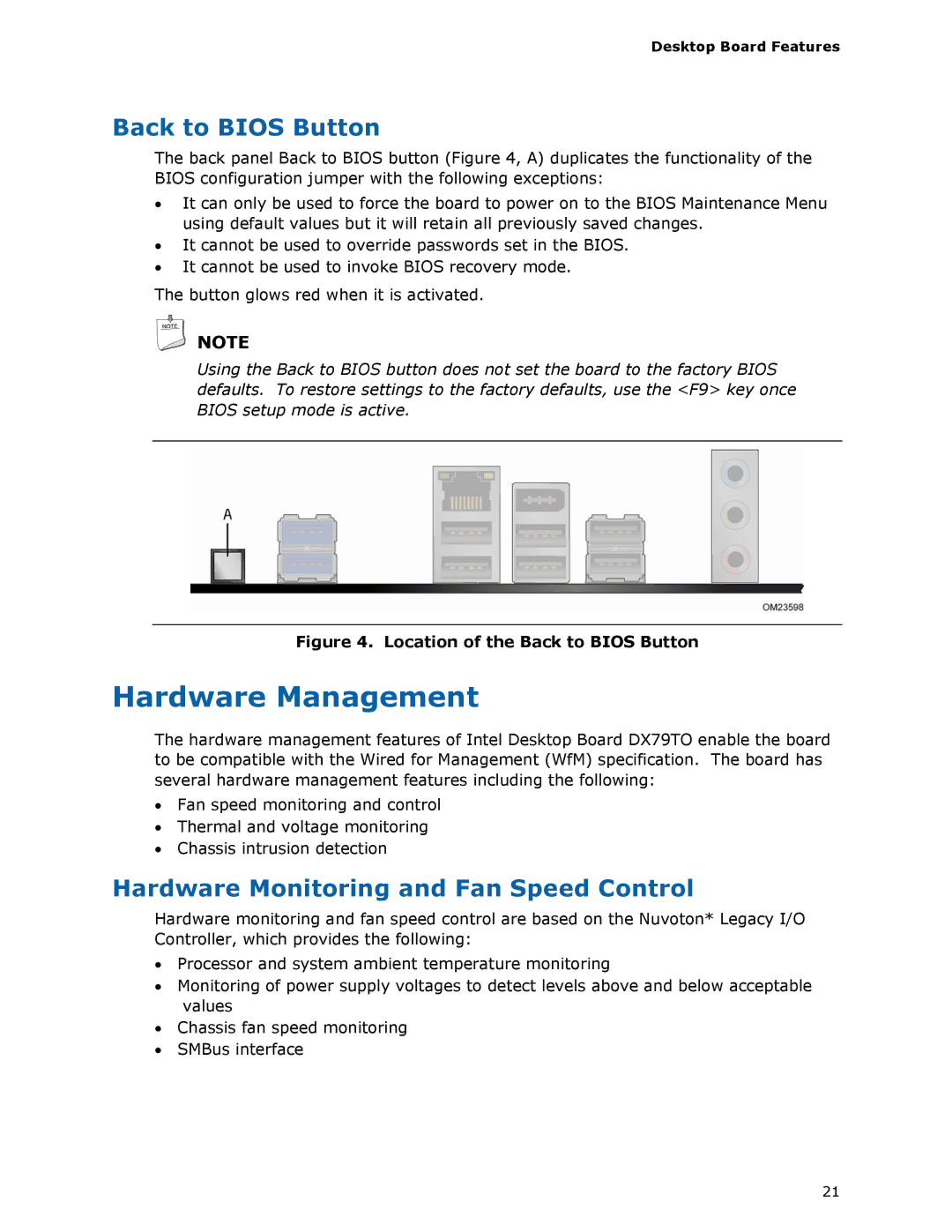 Intel BLKDX79TO manual Hardware Management, Back to Bios Button, Hardware Monitoring and Fan Speed Control 