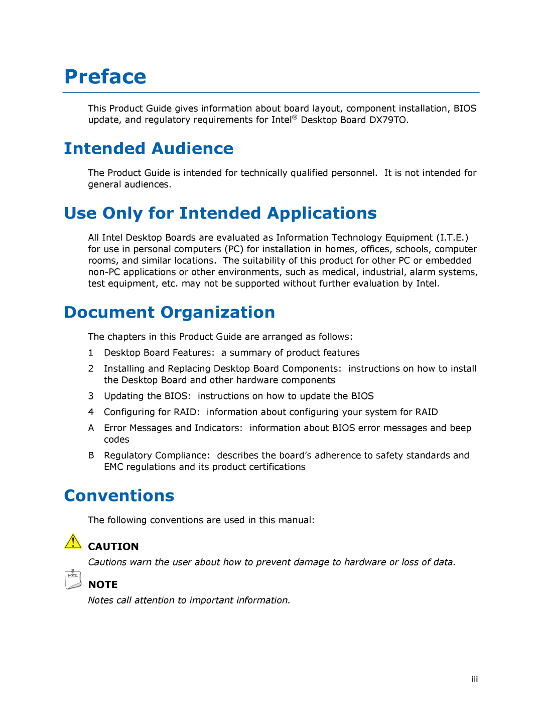 Intel BLKDX79TO manual Preface, Intended Audience, Use Only for Intended Applications, Document Organization, Conventions 