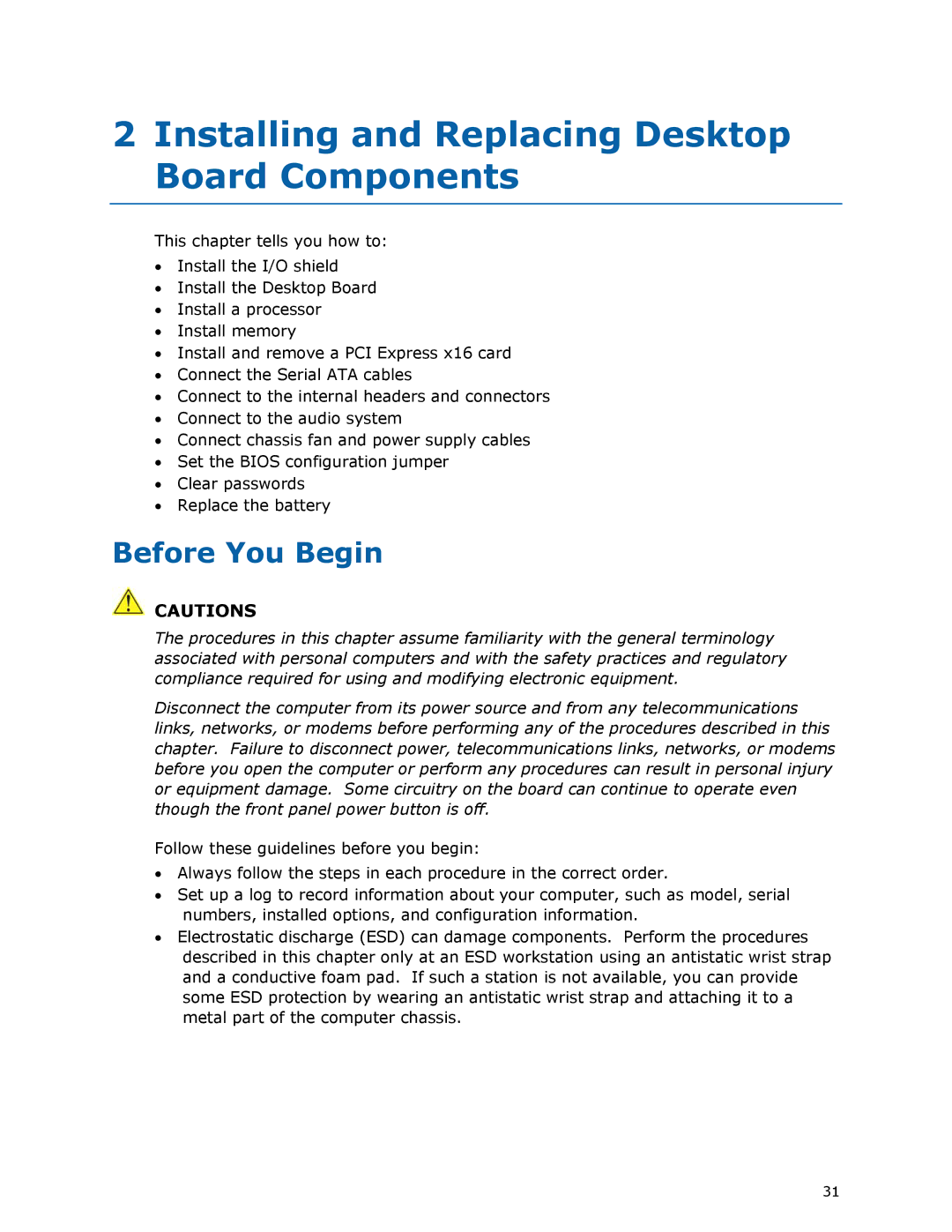 Intel BLKDX79TO manual Installing and Replacing Desktop Board Components, Before You Begin 