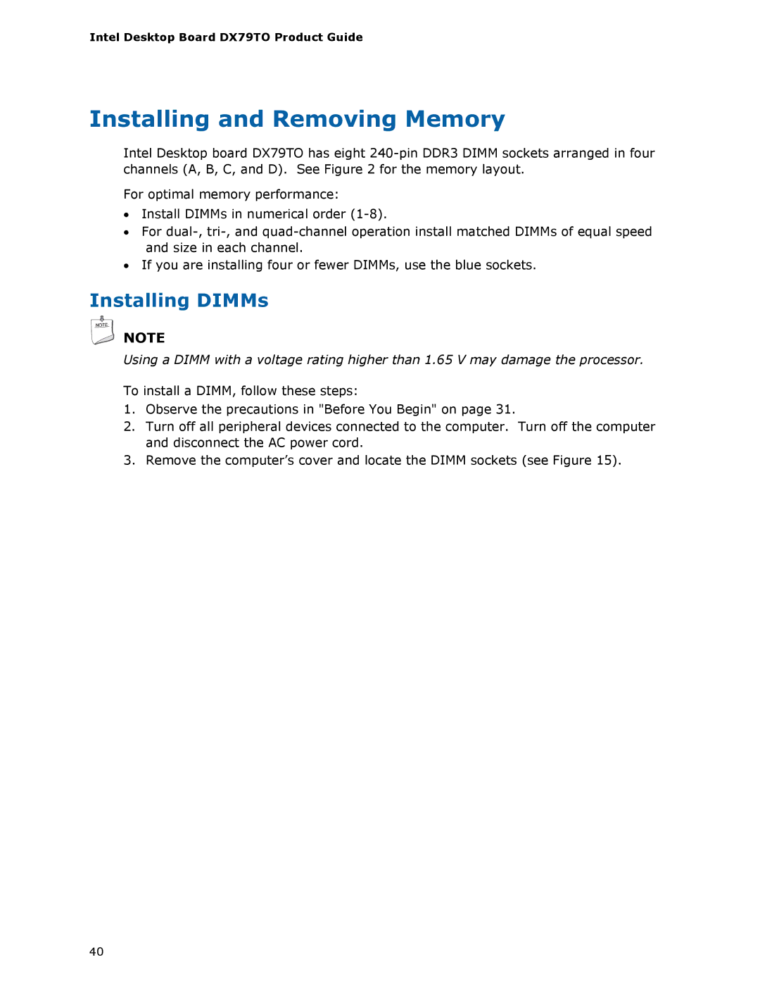 Intel BLKDX79TO manual Installing and Removing Memory, Installing DIMMs 