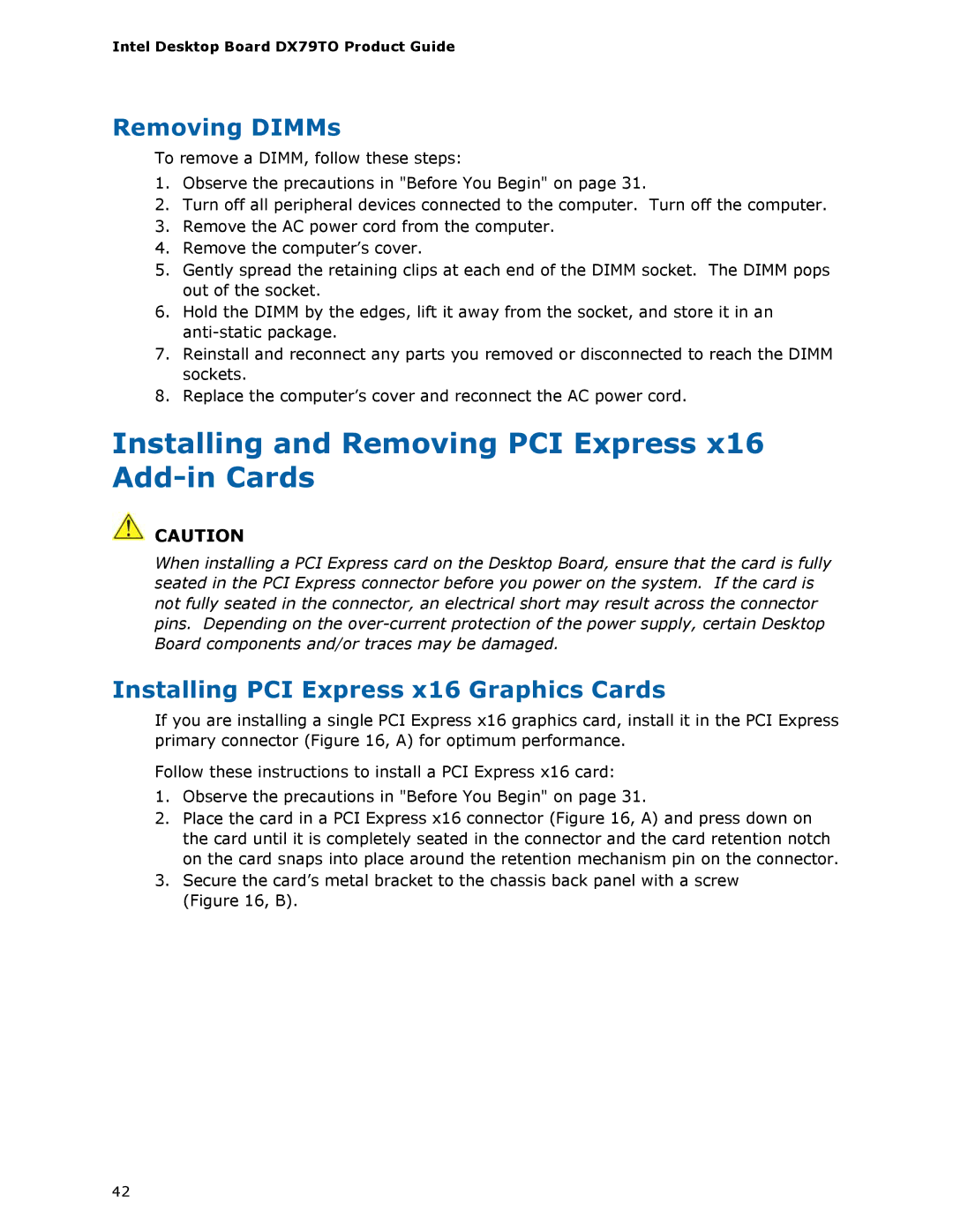 Intel BLKDX79TO manual Installing and Removing PCI Express x16 Add-in Cards, Removing DIMMs 