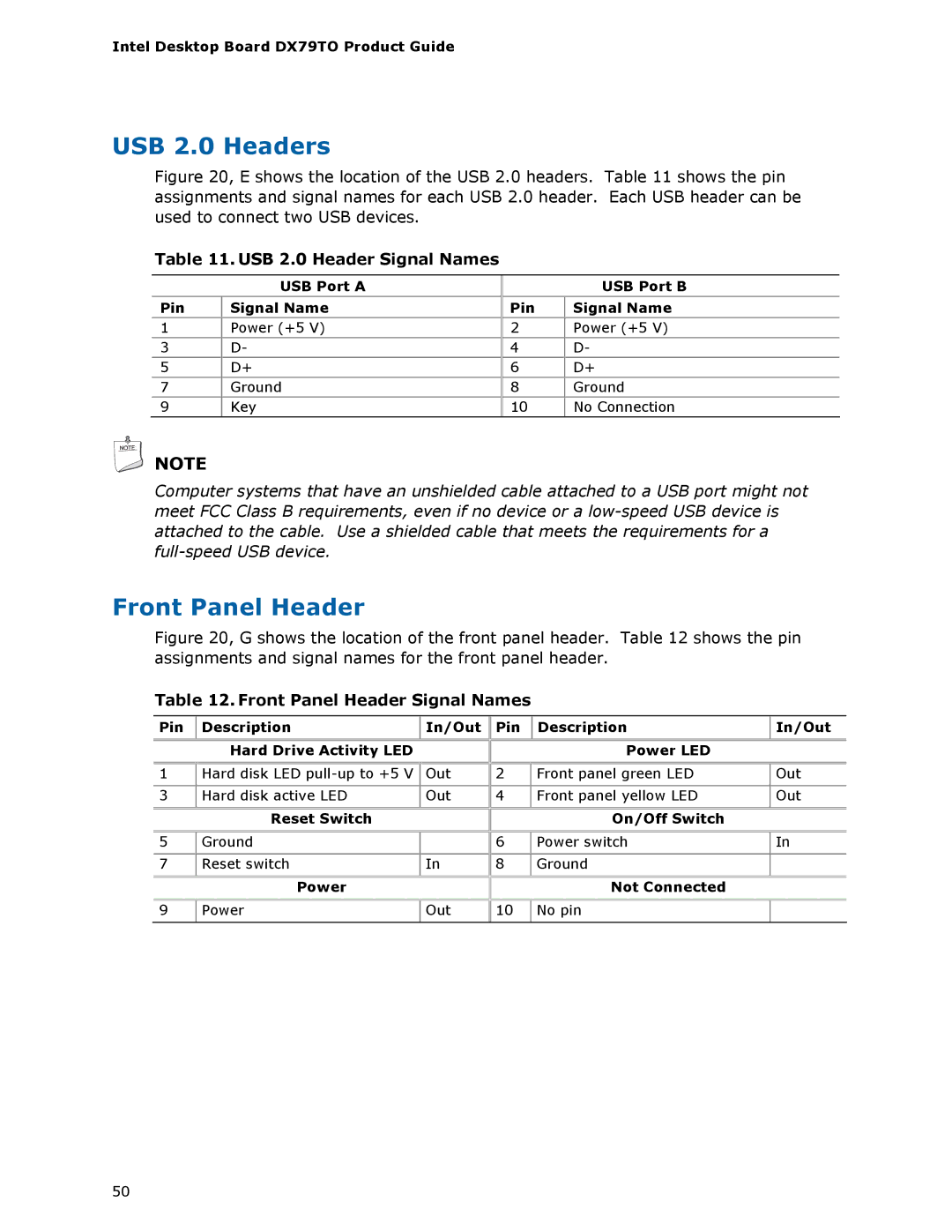 Intel BLKDX79TO manual USB 2.0 Headers, USB 2.0 Header Signal Names, Front Panel Header Signal Names 