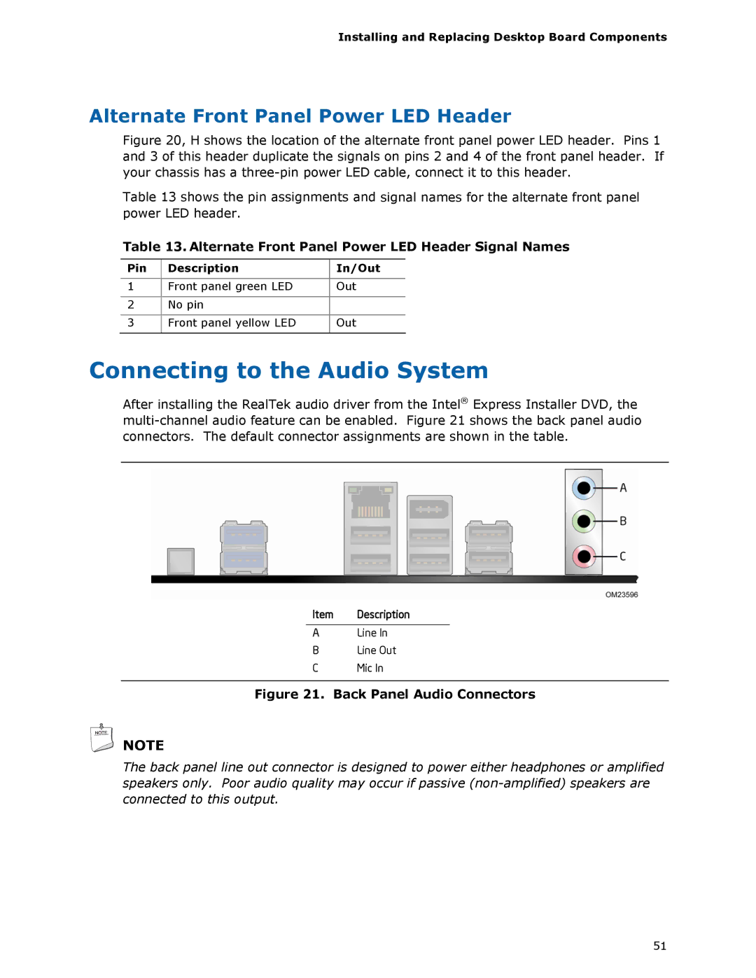 Intel BLKDX79TO manual Connecting to the Audio System, Alternate Front Panel Power LED Header, Pin Description In/Out 