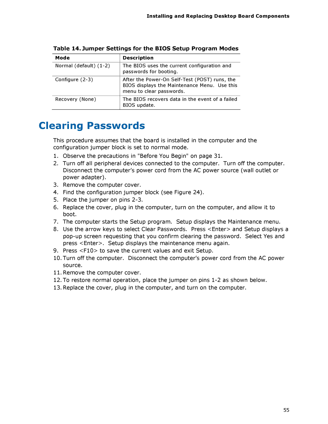 Intel BLKDX79TO manual Clearing Passwords, Jumper Settings for the Bios Setup Program Modes, Mode Description 