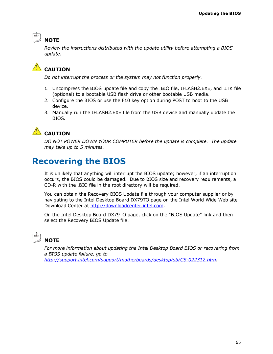 Intel BLKDX79TO manual Recovering the Bios, Updating the Bios 