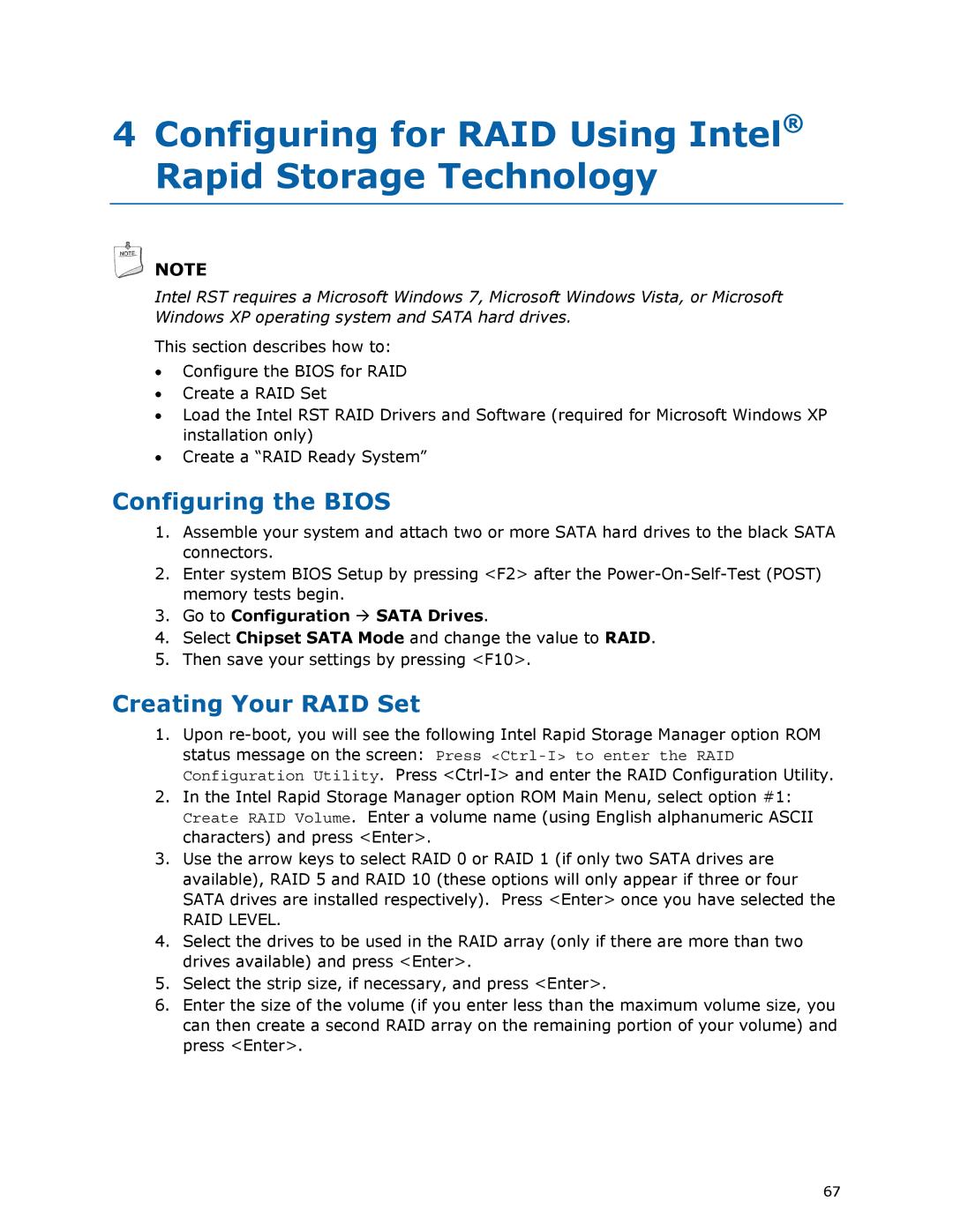 Intel BLKDX79TO Configuring for RAID Using Intel Rapid Storage Technology, Configuring the Bios, Creating Your RAID Set 