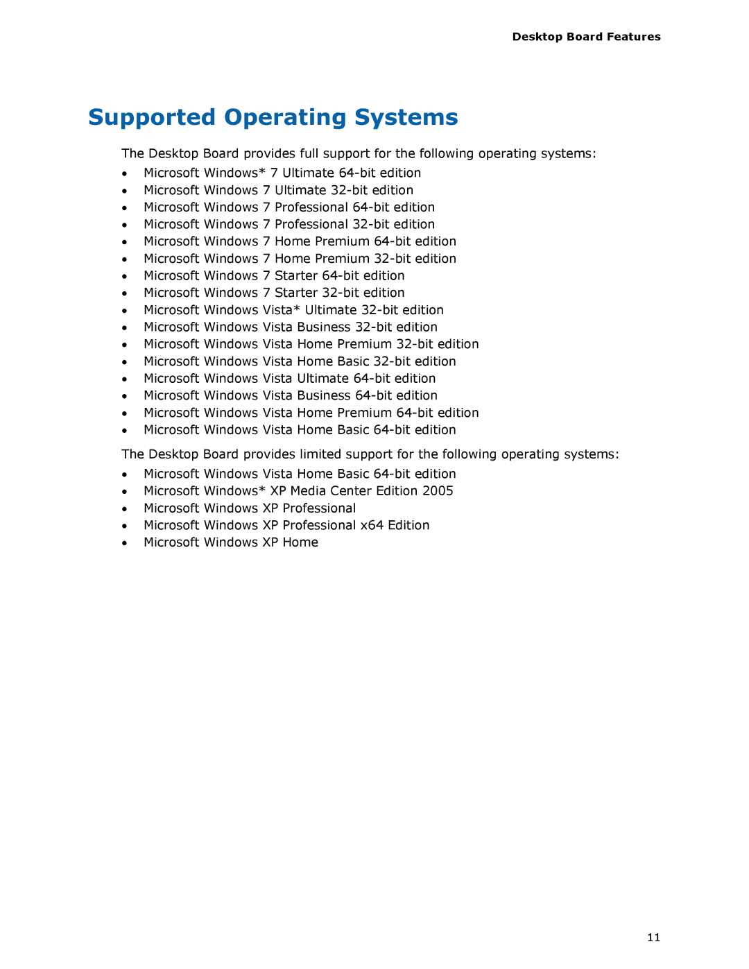 Intel BLKDZ68BC manual Supported Operating Systems, Desktop Board Features 