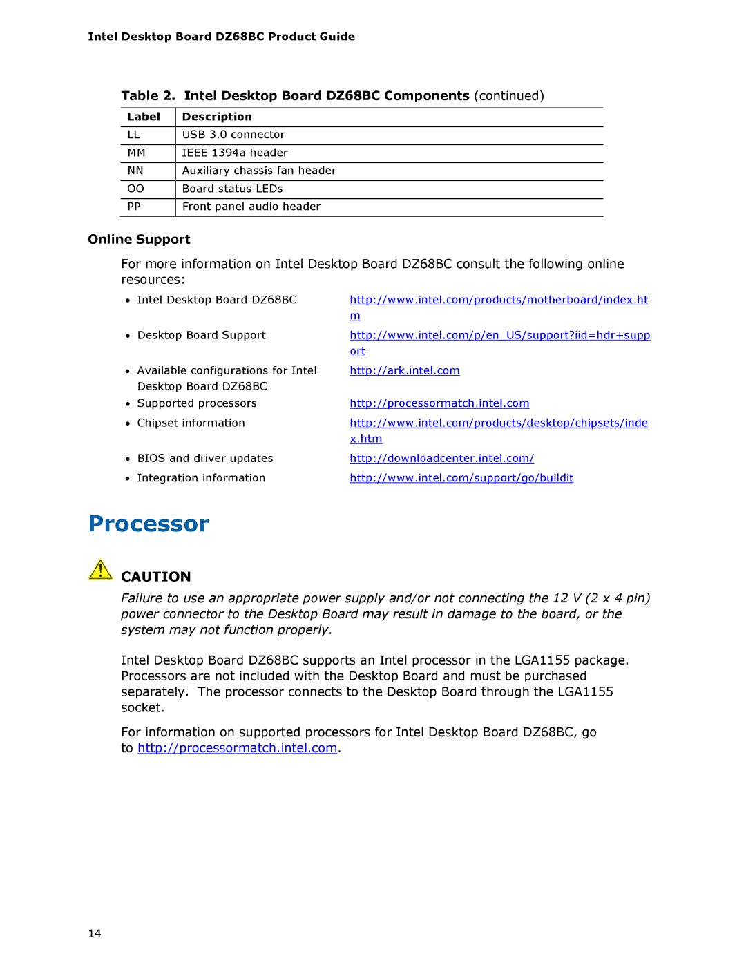 Intel BLKDZ68BC manual Processor, Online Support 