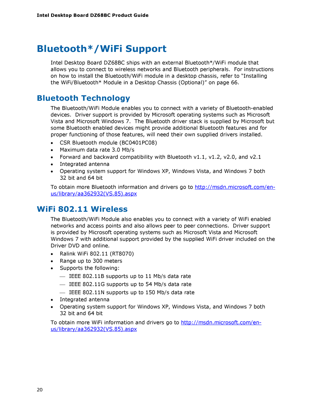 Intel BLKDZ68BC manual Bluetooth*/WiFi Support, Bluetooth Technology, WiFi 802.11 Wireless 