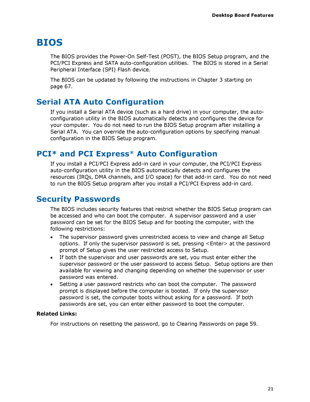 Intel BLKDZ68BC Serial ATA Auto Configuration, PCI* and PCI Express* Auto Configuration, Security Passwords, Related Links 